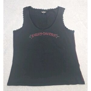 Vintage Y2K Harley Davidson Beaded Gem Studded  Laced Tank Top Biker Black Sz XL